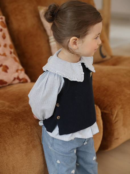 Sleeveless jumper for babies ecru+navy blue+rosy 