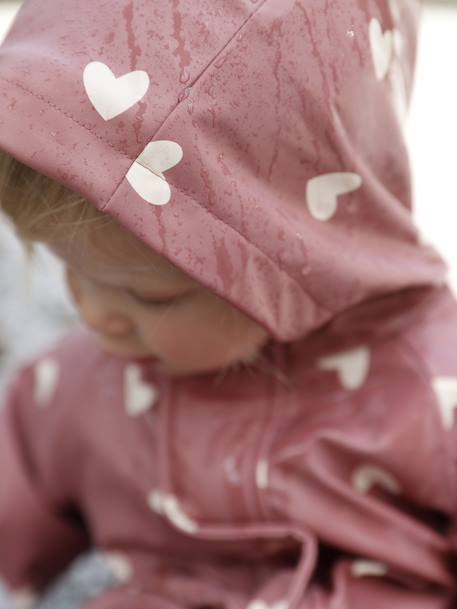 Fleece-lined baby's hooded printed rainsuit old rose+vanilla 