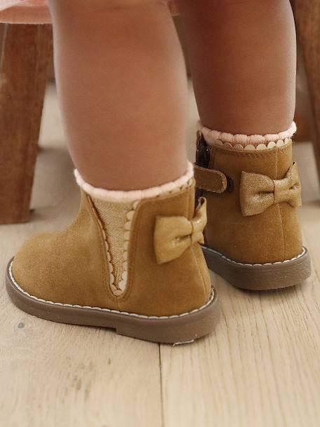 Leather Boots with Elastic, for Baby Girls black+bordeaux red+Camel+navy blue+printed beige 