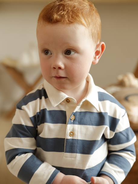Striped long-sleeved baby polo shirt cocoa+grey blue 