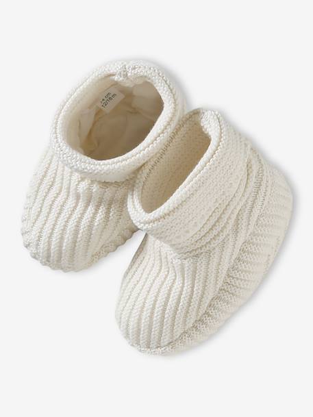 Set of beanie, mittens and slippers in organic cotton and its customisable pouch ecru+marl beige+rose 