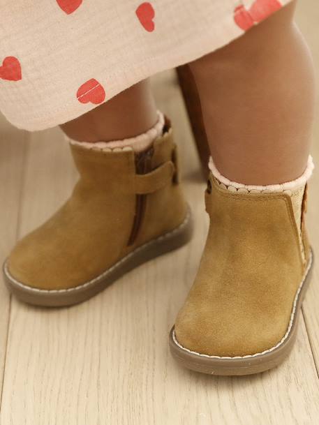 Leather Boots with Elastic, for Baby Girls black+bordeaux red+Camel+navy blue+printed beige 
