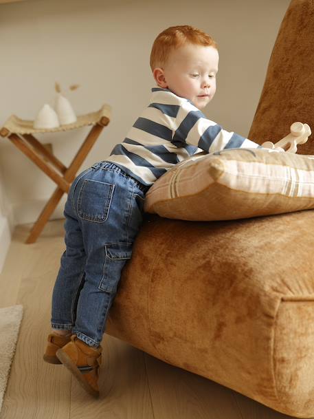 Striped long-sleeved baby polo shirt cocoa+grey blue 