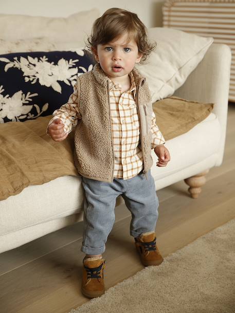 Sherpa sleeveless cardigan for babies ecru+taupe 