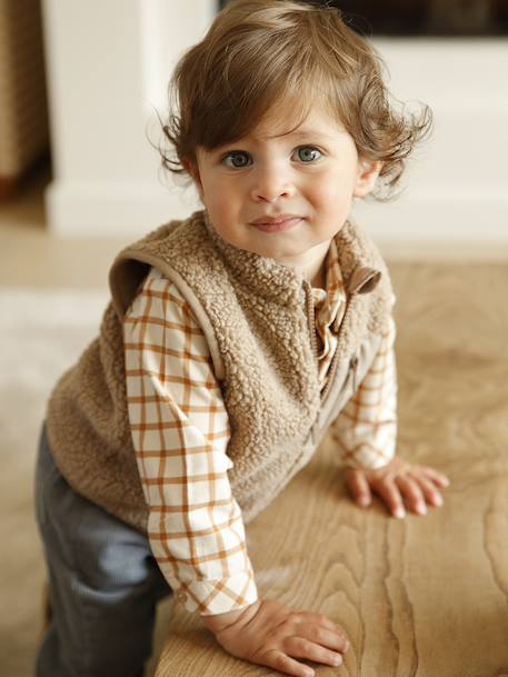 Sherpa sleeveless cardigan for babies ecru+taupe 