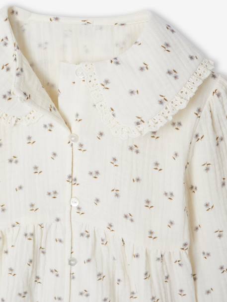 Shirt in Cotton Gauze with Broderie Anglaise Collar, for Girls ecru+plum 