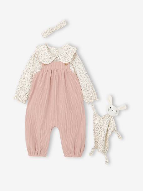 Newborn set T-shirt + dungaree + band for head accessories for hair + comforter / soft toy rosy 
