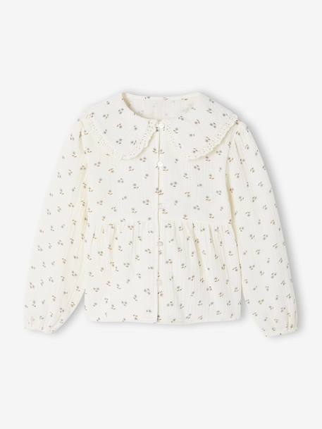 Shirt in Cotton Gauze with Broderie Anglaise Collar, for Girls ecru+plum 