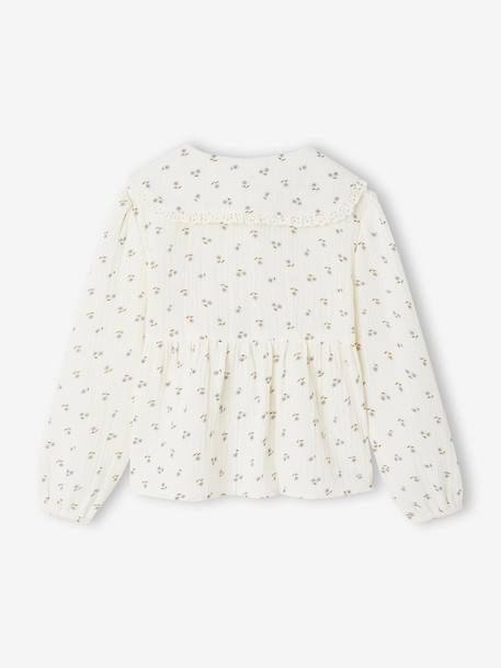 Shirt in Cotton Gauze with Broderie Anglaise Collar, for Girls ecru+plum 