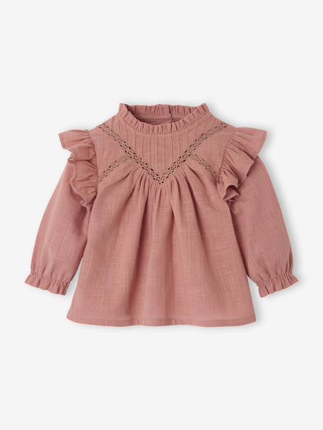 Frilly Blouse in Slub Fabric for Babies old rose+sky blue 