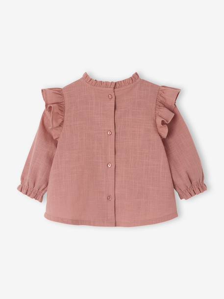 Frilly Blouse in Slub Fabric for Babies old rose+sky blue 