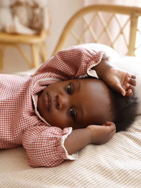 Gingham Flannel Blouse with Frilled Collar for Newborns ecru 