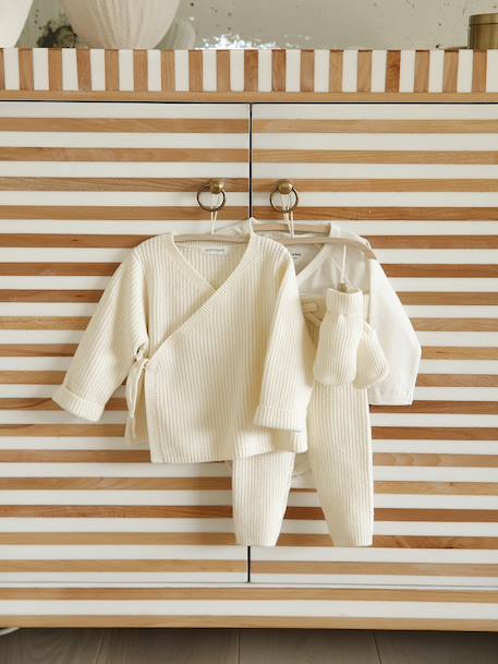 Set of 4 Plain Knit Items for Newborns: Cardigan + Trousers + Booties + Bodysuit ecru 