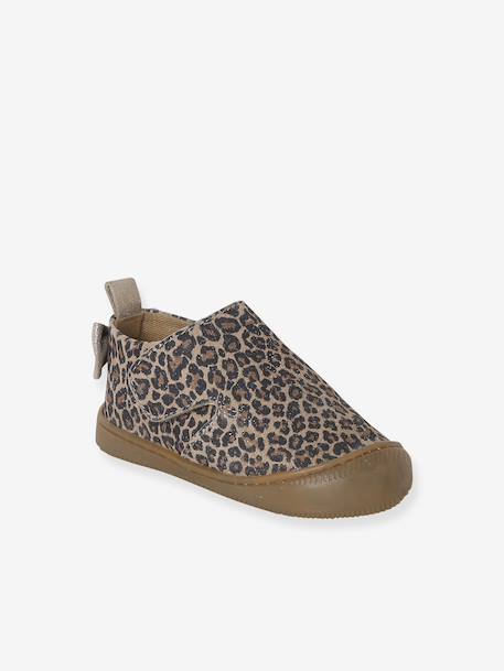 Indoor Shoes in Smooth Leather with Hook-&-Loop Strap, for Babies gold+printed beige 
