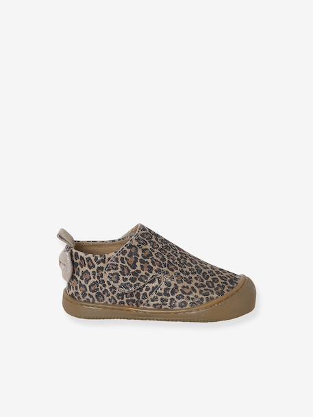 Indoor Shoes in Smooth Leather with Hook-&-Loop Strap, for Babies gold+printed beige 