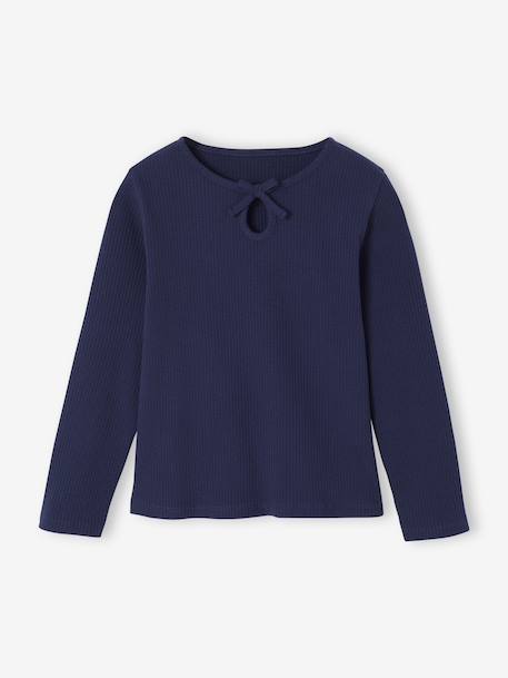 Long-Sleeved Ribbed Knit T-Shirt for Girls navy blue+purple clover 