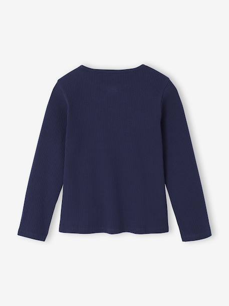 Long-Sleeved Ribbed Knit T-Shirt for Girls navy blue+purple clover 
