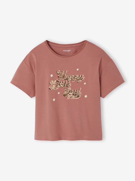 Short-Sleeved T-Shirt with Reversible Sequin Motif, for Girls dusky pink 