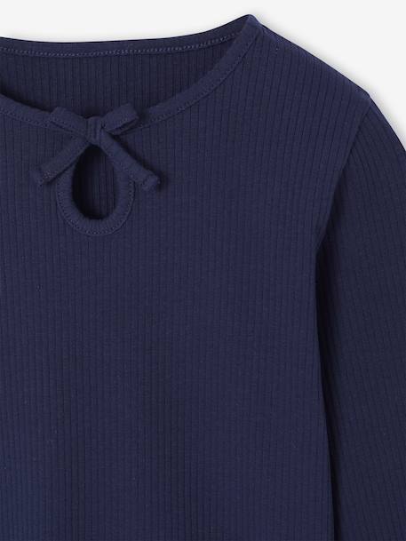 Long-Sleeved Ribbed Knit T-Shirt for Girls navy blue+purple clover 