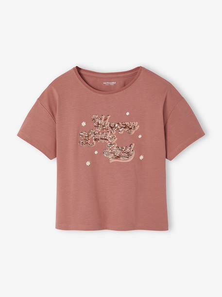 Short-Sleeved T-Shirt with Reversible Sequin Motif, for Girls dusky pink 