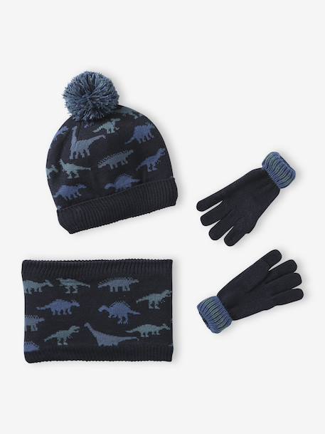 'Dinos' Beanie + Snood + Mittens/Gloves Set for Boys navy blue 