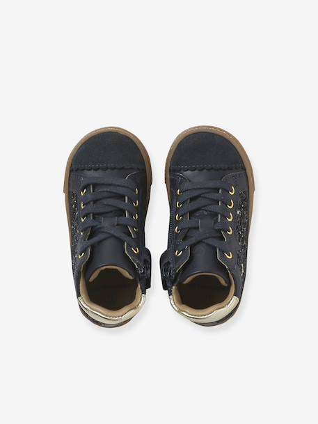 Lace-up and elasticated high-top leather trainers for babies navy blue 