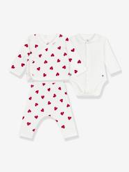 PETIT BATEAU baby's 3-piece heart print set: wrap cardigan, trousers and bodysuit.