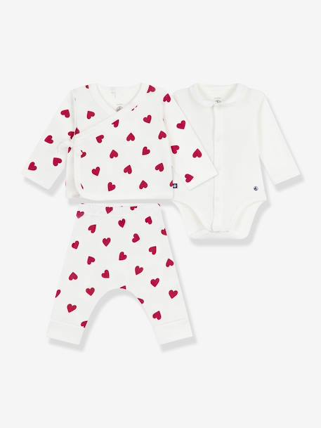 PETIT BATEAU baby's 3-piece heart print set: wrap cardigan, trousers and bodysuit. white 