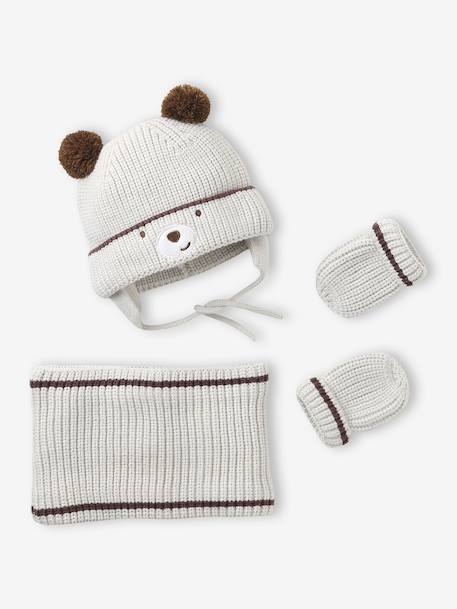 'Bear' Beanie, Snood & Mittens Set for Babies clay beige 