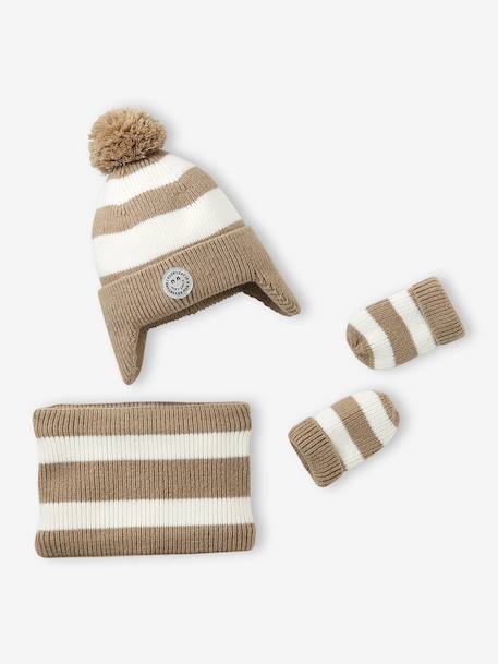 Striped Peruvian beanie, snood and mittens set for babies striped beige 
