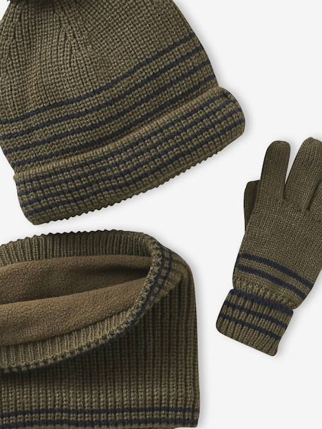 Striped Set for Boys: Beanie + Snood + Mittens/Gloves chambray blue+khaki 