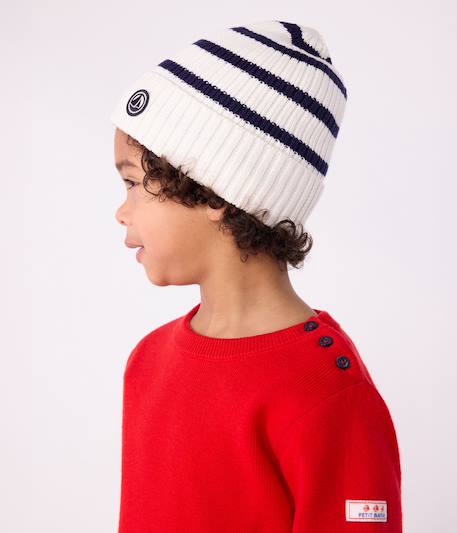 PETIT BATEAU striped beanie for children in knitted fabric with fleece lining navy blue 