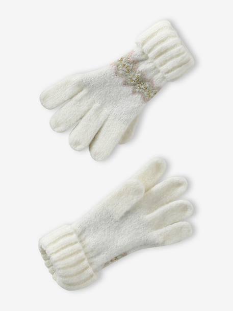 Girl's jacquard set: beanie + snood + mittens/gloves ecru+rose 