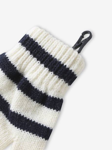 Striped set for boys: beanie + snood + mittens/gloves ecru 