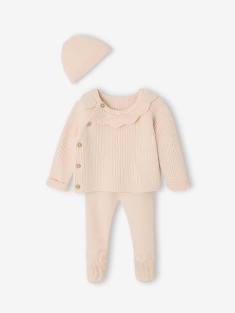 Set of 3 Knitted Items for Newborns: Cardigan + Trousers + Beanie marl grey+rose 