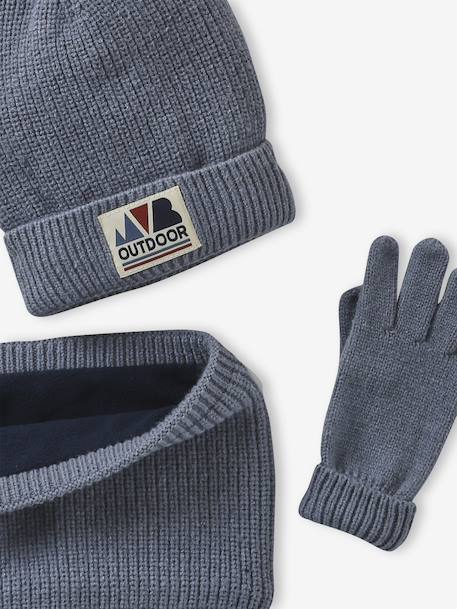 Boys' beanie + snood + mittens/gloves 'Outdoor' set grey blue+khaki 