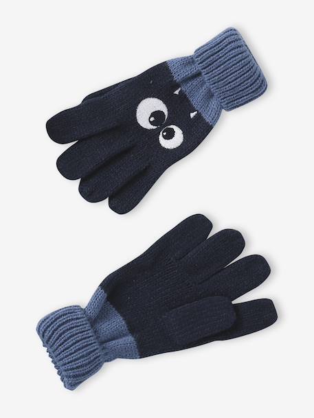 Boys' beanie + snood + mittens/gloves 'Monster' set navy blue 