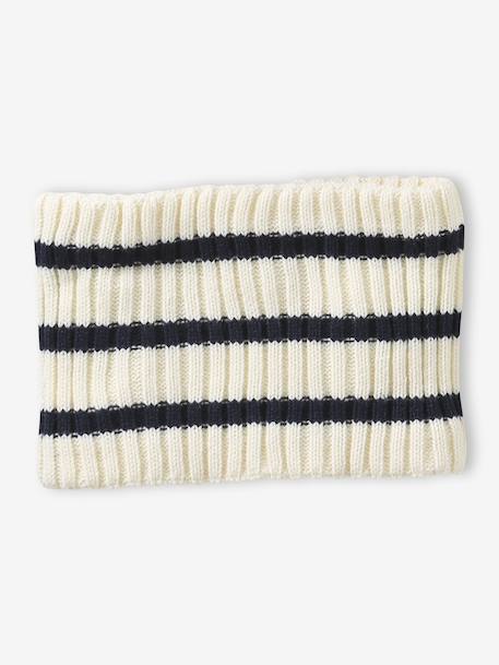 Striped set for boys: beanie + snood + mittens/gloves ecru 