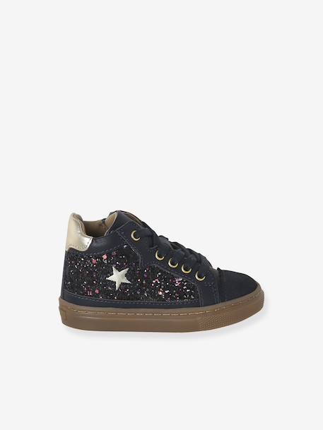 Lace-up and elasticated high-top leather trainers for babies navy blue 