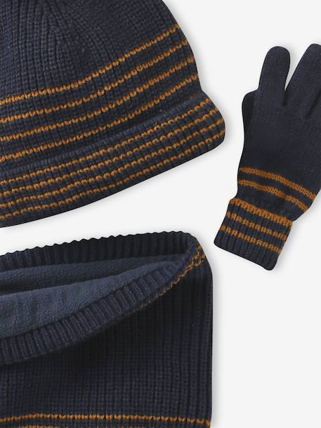 Striped Set for Boys: Beanie + Snood + Mittens/Gloves chambray blue+khaki 