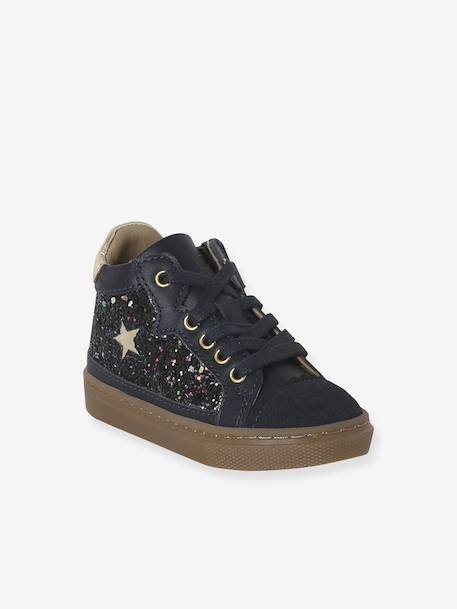 Lace-up and elasticated high-top leather trainers for babies navy blue 