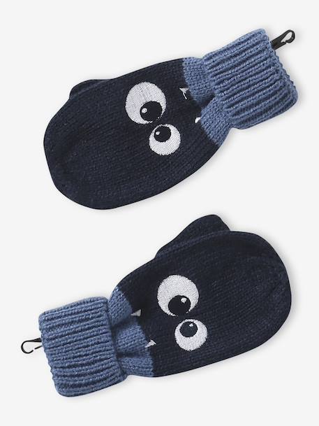 Boys' beanie + snood + mittens/gloves 'Monster' set navy blue 