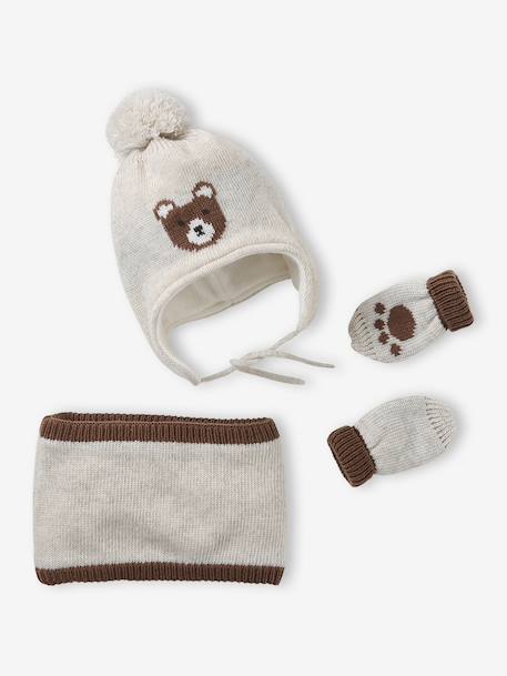 Chullo Jacquard Bear Hat, Snood & Mittens Set marl beige 