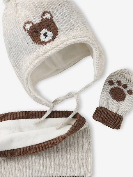 Chullo Jacquard Bear Hat, Snood & Mittens Set marl beige 