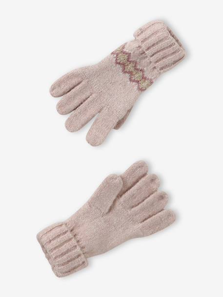 Girl's jacquard set: beanie + snood + mittens/gloves ecru+rose 