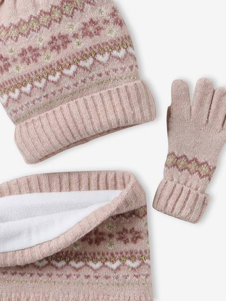Girl's jacquard set: beanie + snood + mittens/gloves ecru+rose 