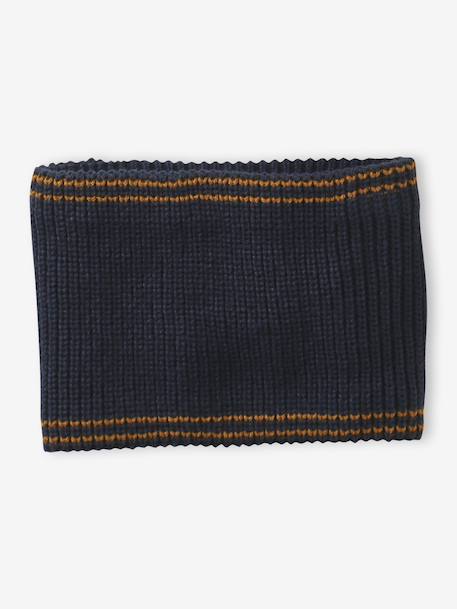 Striped Set for Boys: Beanie + Snood + Mittens/Gloves chambray blue+khaki 