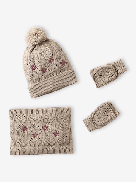 Embroidered set for girls: beanie + snood + open knit mittens/gloves golden beige 