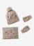 Embroidered set for girls: beanie + snood + open knit mittens/gloves golden beige 