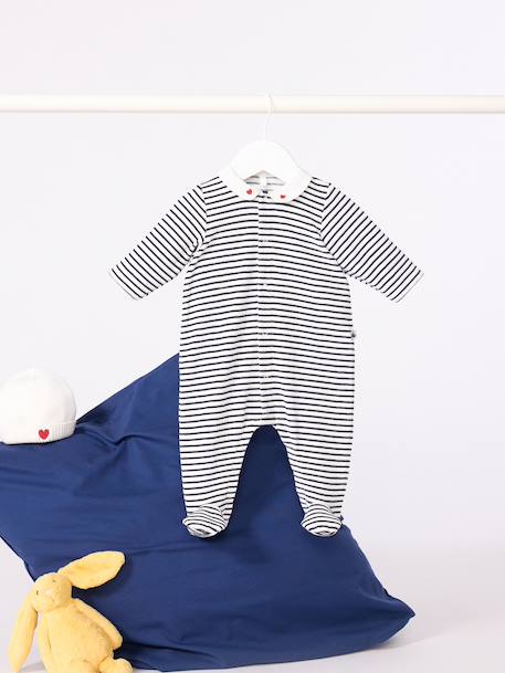 Velour Sleepsuit with Printed Collar, PETIT BATEAU navy blue 